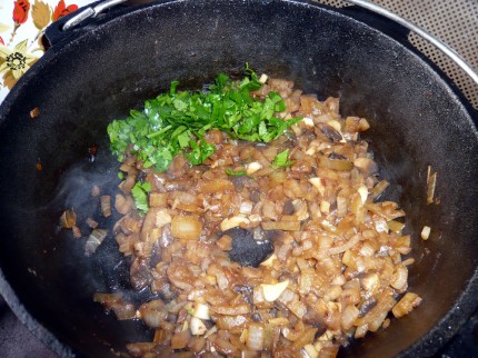 Ciuperci, ceapă, usturoi și pătrunjel = umplutură pentru quesadilla